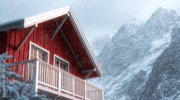 Fototapeta Cozy Cabin in Snowy Mountains: A picturesque red cabin, nestled against a backdrop of snow-covered mountains, embodies the serene charm of winter getaways, with snow gently falling.