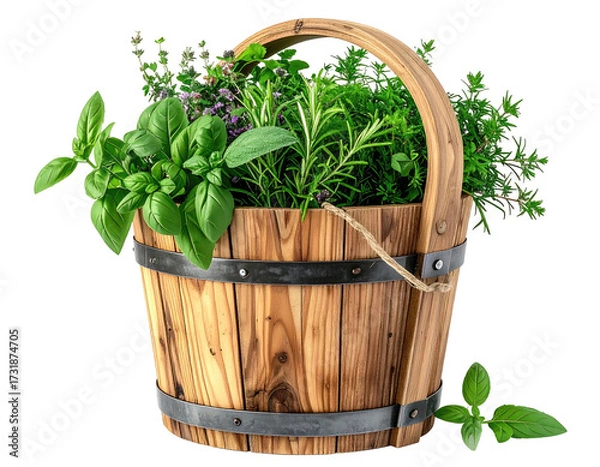 Obraz Wooden herb bucket filled with fresh, assorted herbs