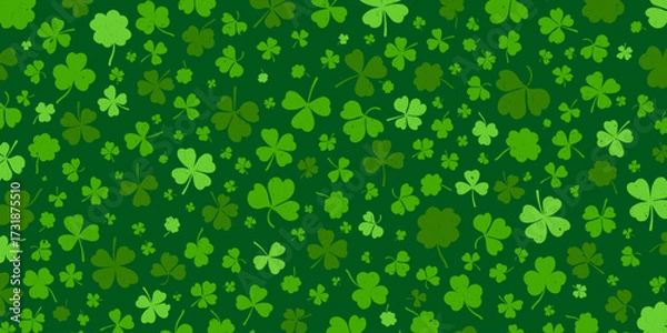 Fototapeta Shamrock or green clover leaves pattern background flat design vector illustration. St Patrick Day shamrock symbols decorative elements horizontal pattern texture.