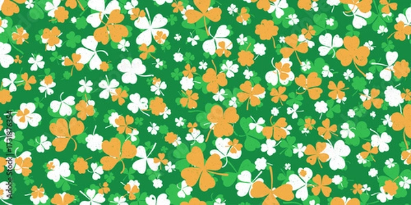 Fototapeta Shamrock or green clover leaves pattern background flat design vector illustration. St Patrick Day shamrock symbols decorative elements horizontal pattern texture.