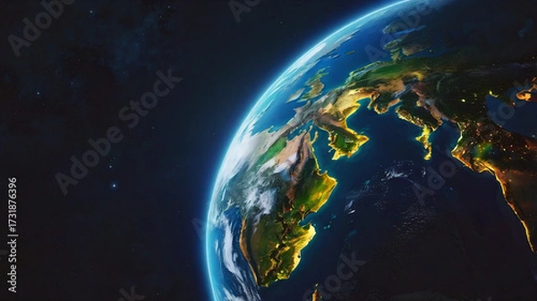 Obraz 3D illustration of a view of planet Earth shining from the dark of outer space
