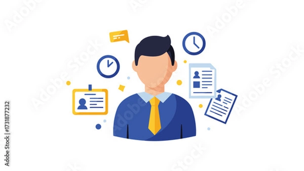 Fototapeta Professional employee avatar with ID, tasks, and working hours icons