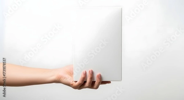 Fototapeta A person holding a blank book against a soft, neutral background, showcasing a minimalist design