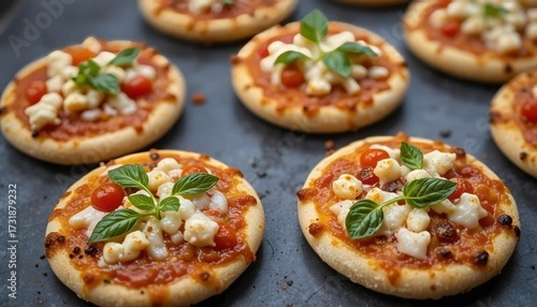 Fototapeta Enjoy delicious mini pizzas topped with fresh basil and juicy tomatoes