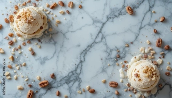 Fototapeta Delicious vanilla ice cream scoops with nuts on elegant marble table