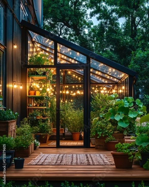 Fototapeta Rooftop greenhouse evening urban garden relaxation view