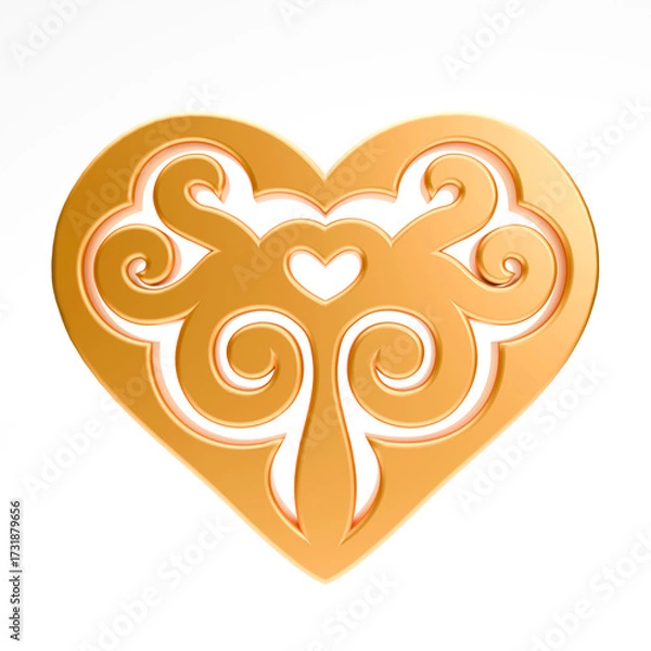 Fototapeta Realistic illustration of shiny golden heart with kazakh ornament isolated on white background. Symbol of love, romantic and Wedding. 3d rendering of heart shape
