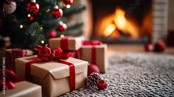 Fototapeta Christmas presents cozy fireplace glowing festive holiday