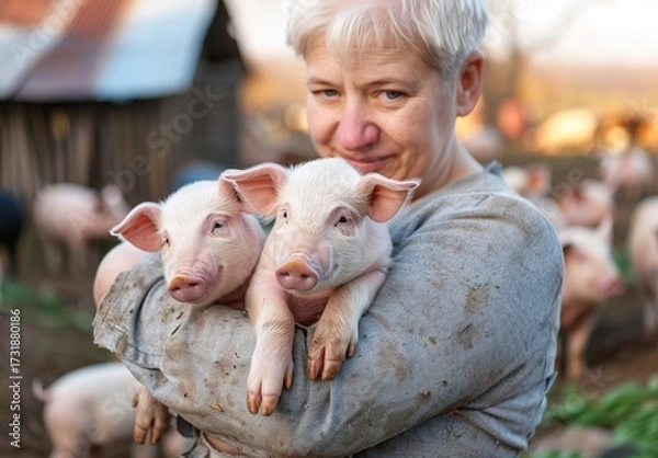 Fototapeta Woman Holding Piglets in Barn. It shows a woman with piglets in a barn. Suited for farm life, animal care, or rural lifestyle-related projects like ads, blogs, and educational materials.