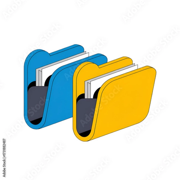 Fototapeta Two Isometric Folders with Documents on Black Background Keywords: folder, document, file, data, archive, organization