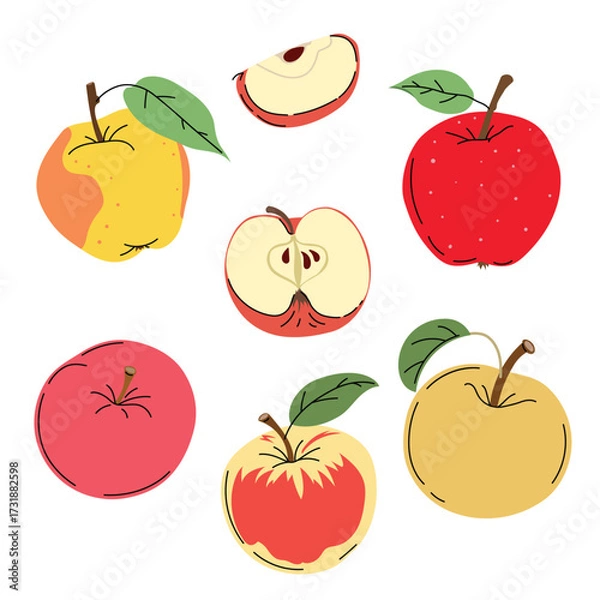 Obraz Apples set in flat modern minimalistic style. Farm fresh fruit collection. Sort of whole and cut apples. Vector illustrations isolated on white background.