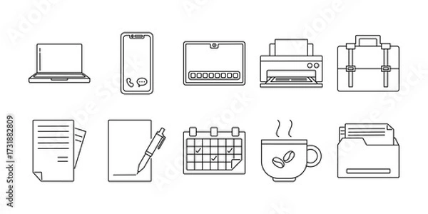 Obraz Modern line icons of office and business tools includes laptop, smartphone, calendar and documents.