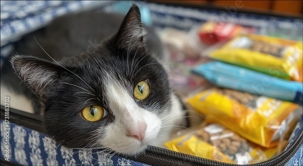 Fototapeta Cat in Packed Suitcase. It shows a black - and - white cat nestled in a suitcase with travel snacks. Great for pet travel blogs, animal - friendly travel ads.