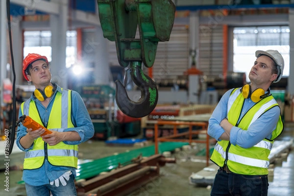 Fototapeta The worker in a steel sheet factory. Male warehouse worker using a crane to raise rolls of metal sheets in the warehouse.