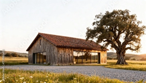 Fototapeta Rustic barn style house with tiled roof and oak tree at sunset 
