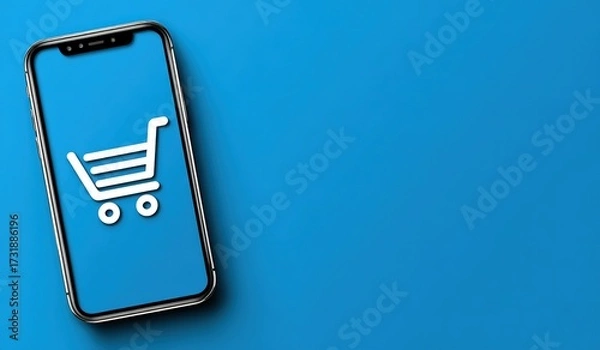 Fototapeta Mobile Phone with Shopping Cart Icon. It shows a smartphone displaying a shopping cart symbol. Perfect for e - commerce ads, online shopping app promotions, or digital retail - related content.
