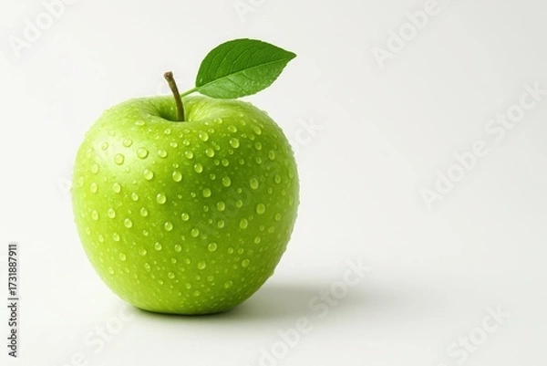 Fototapeta Green apple with water drops on clean white background with soft lighting and copy space concept of health nutrition freshness and wellness