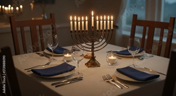 Fototapeta Hanukkah dinner table setting with menorah and candle
