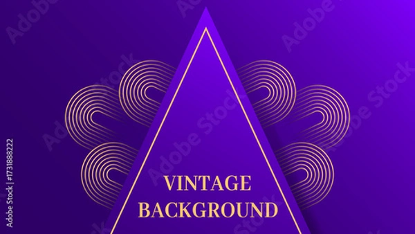 Fototapeta Luxury purple gradient background with single 3D triangle, decorative golden swirls, and glowing accents. Ornamental abstract design with rich details.