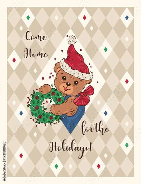 Fototapeta Cozy Bear in Santa Hat with Christmas Wreath Greeting Card Vector Illustration