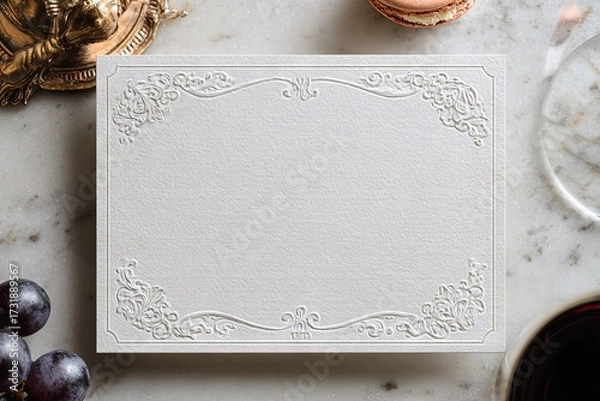 Fototapeta Luxurious Embossed Card Mockup on Marble with Wine Glass and Grapes