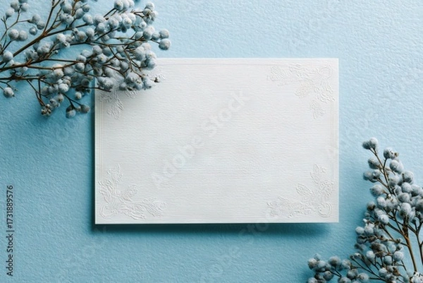 Fototapeta Delicate Embossed Invitation Mockup on Blue Background with Delicate Flower