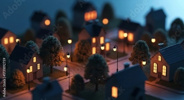 Fototapeta Miniature town at twilight evokes a sense of peace and belonging in stylized render