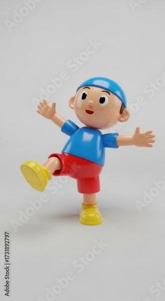 Fototapeta Animated boy figure poised playfully on one leg against a neutral backdrop