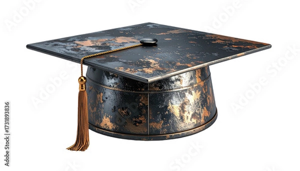 Fototapeta Weathered, metallic graduation cap with tassel, appearing vintage and worn