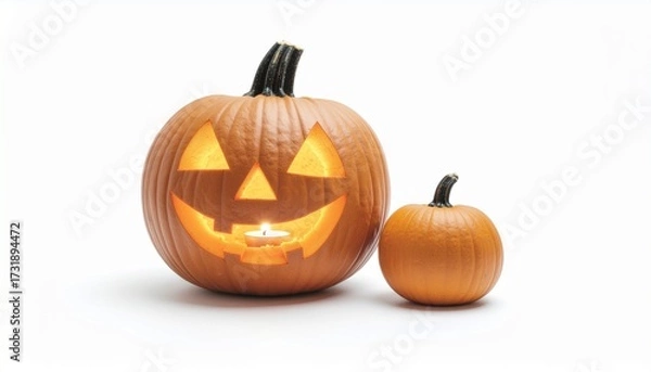 Fototapeta Halloween jack-o'-lantern pumpkin glowing with spooky candlelight next to a smaller pumpkin isolated on solid white background