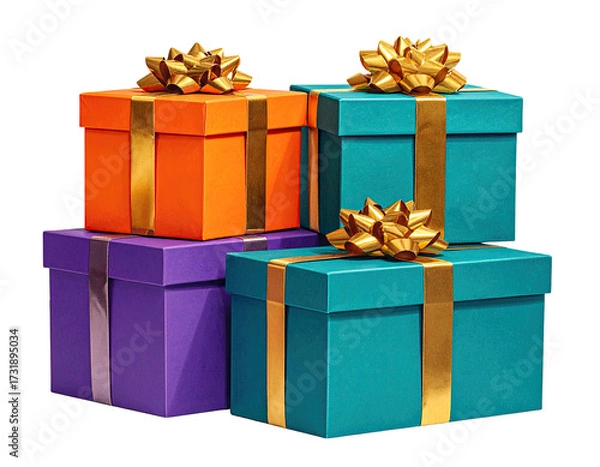 Fototapeta Stack of colorful gift boxes with gold ribbon