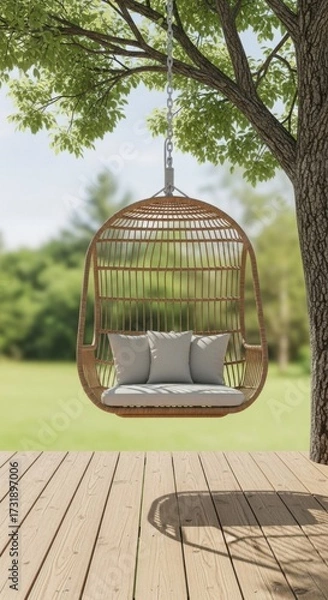 Fototapeta Tranquil outdoor scene featuring a hanging wicker chair suspended from a tree
