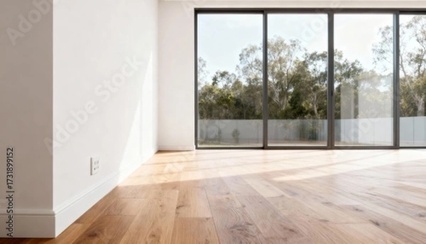 Fototapeta Empty modern room with oak floor and panoramic glass doors in soft daylight 
