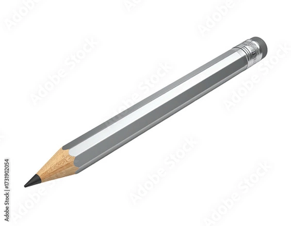 Obraz Angled, graphite writing tool with eraser, a silver-gray finish, and black background