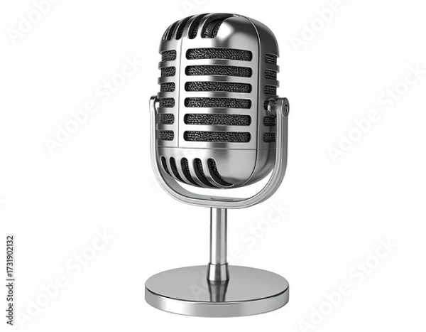 Fototapeta Shiny, retro microphone in silver finish, iconic design, isolated on black background