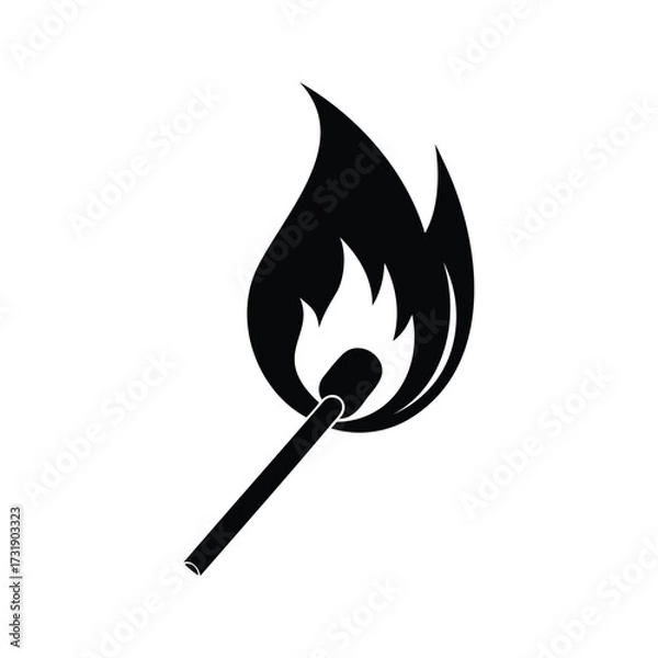 Fototapeta A stylized monochrome illustration of a lit match stick with flame, burning match icon silhouette vector illustration