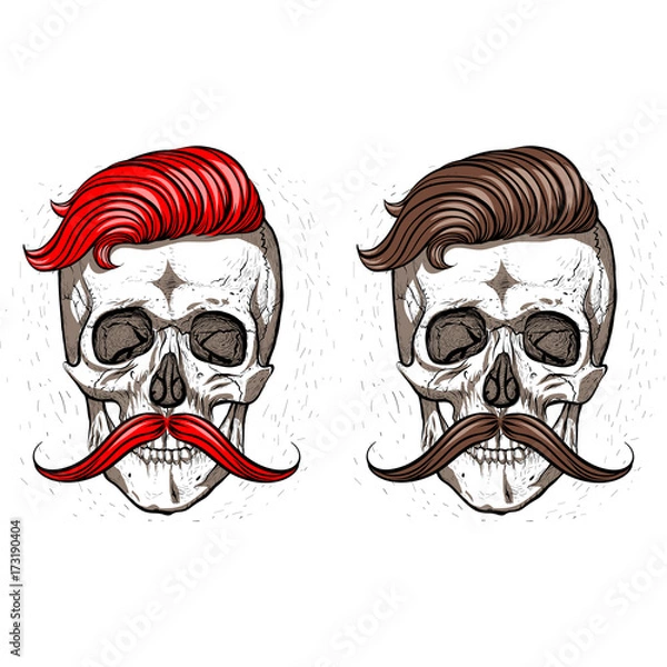 Fototapeta Skulls. Hipsters. Fashionable hairstyle and mustache.