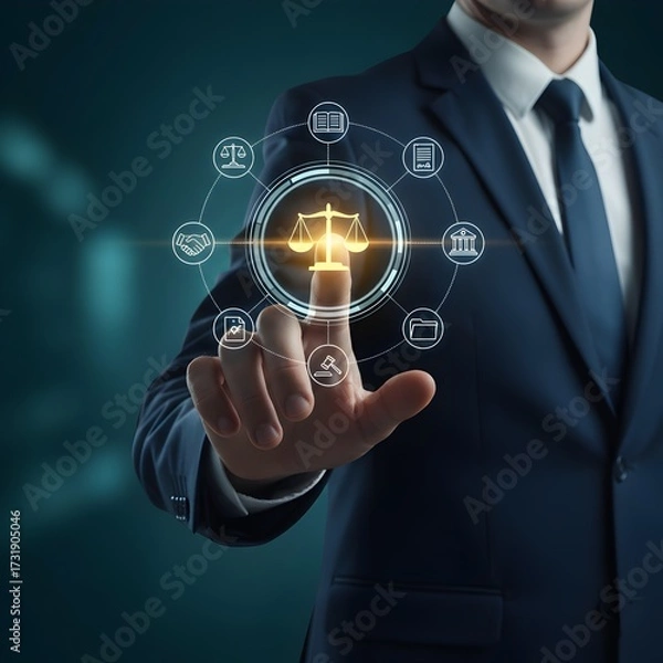 Fototapeta Conceptual image of legal technology or digital law services, illustrating a virtual ecosystem for managing compliance, contracts, litigation, and legal advice.