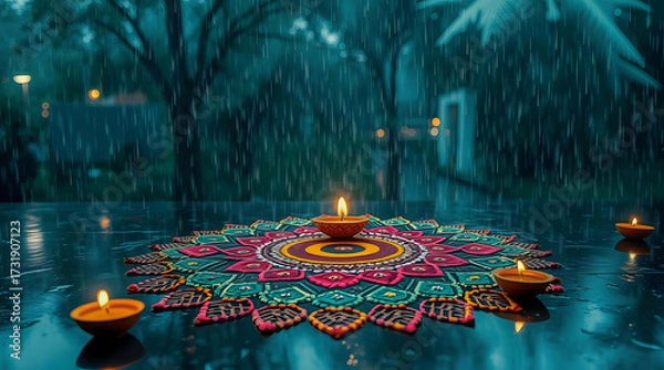Fototapeta Colorful rangoli design with lit clay oil lamps placed on a wet surface during rainfall, creating a serene festive atmosphere with glowing reflections and vibrant cultural artistry.