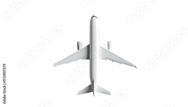 Obraz A sleek, white passenger jet viewed from above, centered on a stark black background