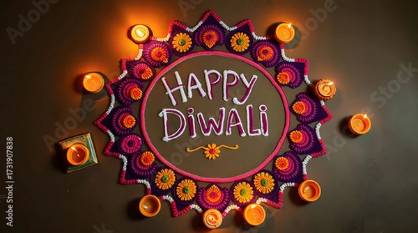 Fototapeta Beautiful Diwali rangoli design with vibrant floral patterns, glowing diyas, and the festive greeting “Happy Diwali,” creating a warm and joyful celebration atmosphere.50 Keywords: