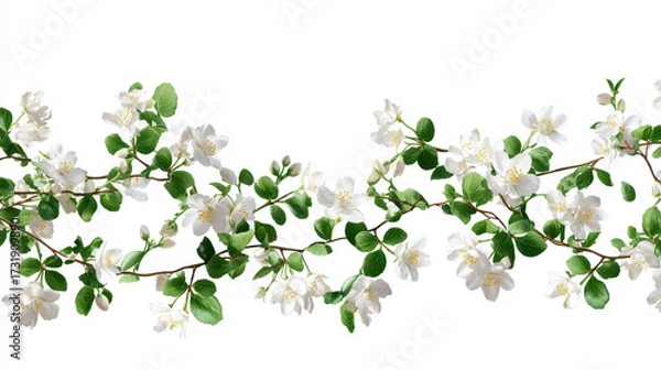 Fototapeta Jasmine Blossom Garland: A captivating garland of delicate jasmine flowers with vibrant green leaves, creating a sense of floral elegance, freshness and spring awakening.