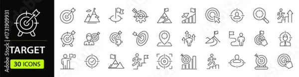 Fototapeta Target set of web icons in line style. Goal target and mission success linear icon collection. Containing goal, achievement, success, aim, goal, crosshair, shoot, shooting, aim, arrow. Editable stroke