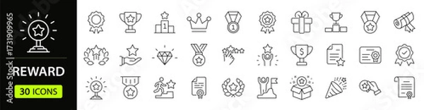 Fototapeta Reward set of web icons in line style. A collection of linear icons representing various reward concepts, including gift, trophy, recognition, reward program, medal, bonus, and more. Editable stroke.