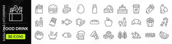 Fototapeta Food and drink set of web icons in line style. Restaurant linear icon collection. Containing meat, fruits, vegetables, desserts, drink, burger, pizza, hot dog, french fries and more. Editable stroke