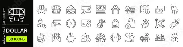 Fototapeta Dollar set of web icons in line style. A collection of linear icons representing dollar concepts, including dollar sign, currency exchange, cash, coins, banknotes, digital dollar. Editable stroke