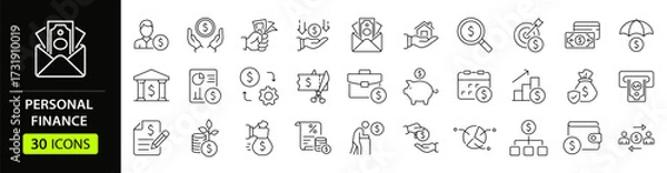 Fototapeta Personal finance set of web icons in line style. A collection of linear icons representing Finance concepts, including loan, financial management, budget, savings, income, mortgage. Editable stroke