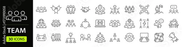 Fototapeta Team Web Icon Set in Line Style. Collection of Teamwork Linear Icons, Including team building, workshop, human resources, business people, group, team, organization, community. Editable Stroke