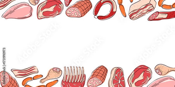 Fototapeta Border frame with various meat cuts, chicken, bacon in flat style. Ideal for butcher shop design, recipe book or background.