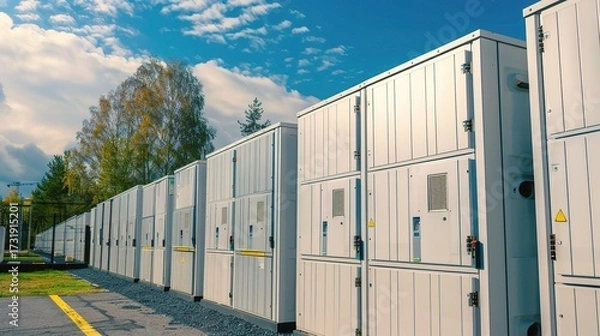 Fototapeta Storage battery with a robust plastic or metallic case, positive and negative terminals, and labeled capacity indicators, used for backup power in homes, factories, or electronic devices, placed on a 
